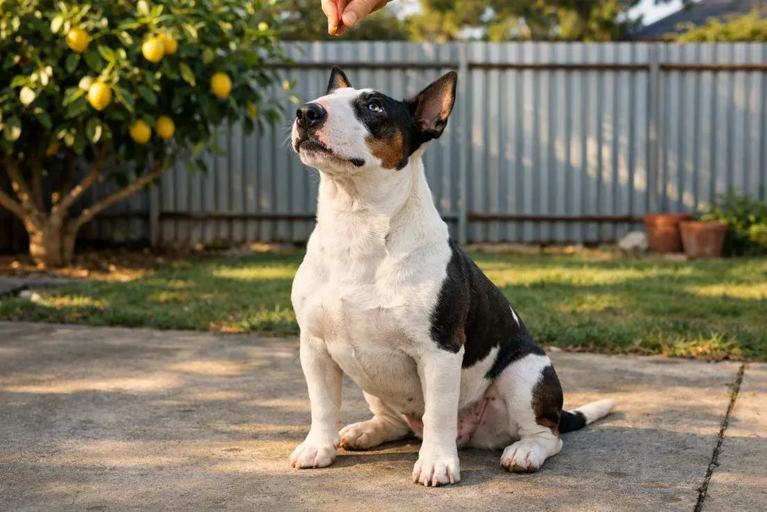 Bull Terrier Sitting Attentively During A Training Session