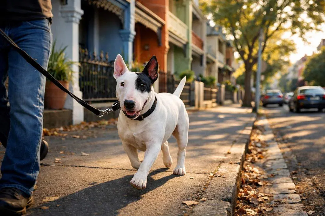 Bull Terrier Walking Along A Street