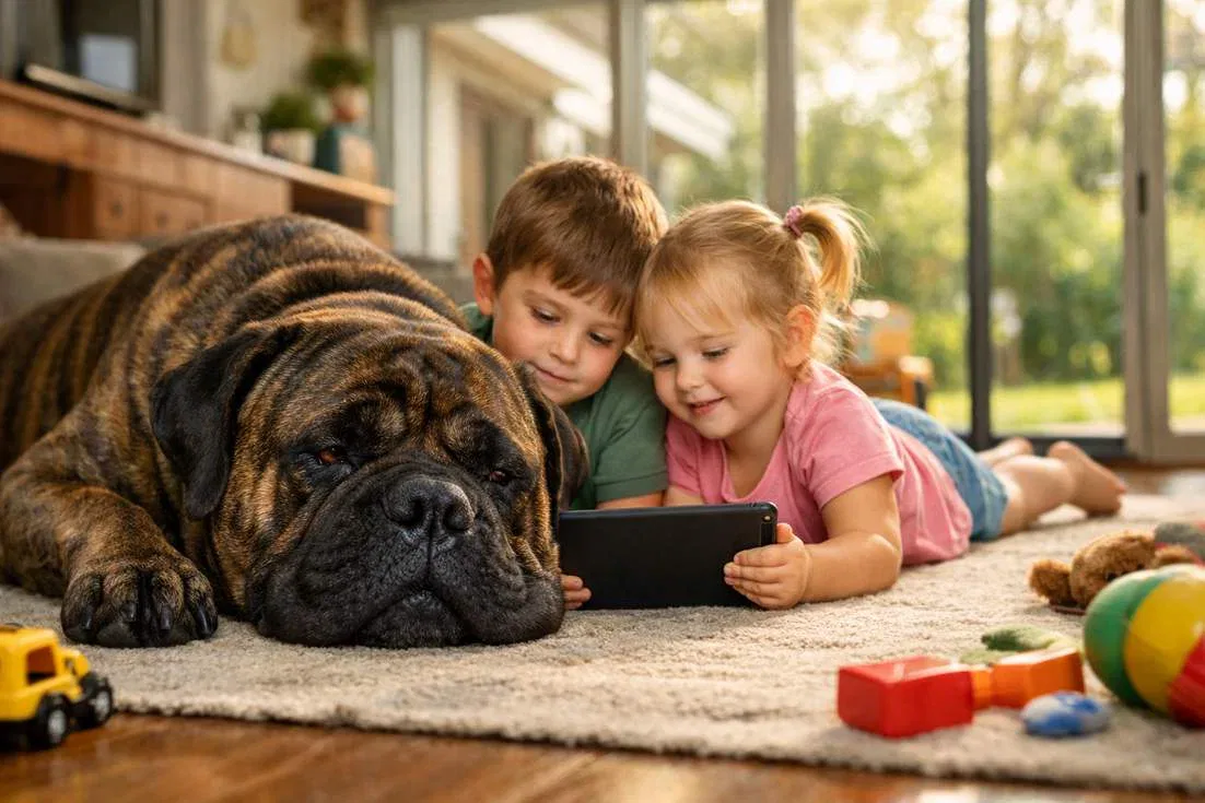 Bullmastiff Lying Patiently With Young Children
