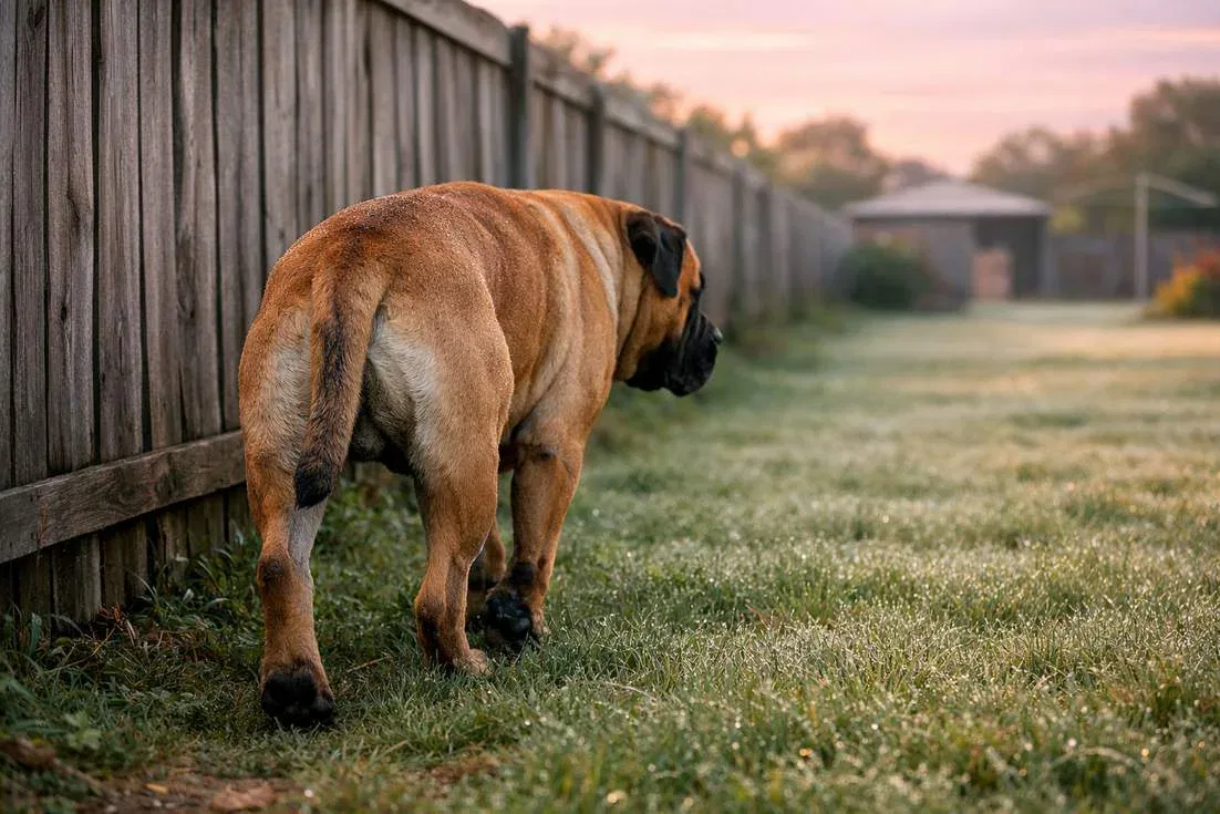 Bullmastiff Patrolling Along Fence Line In Backyard