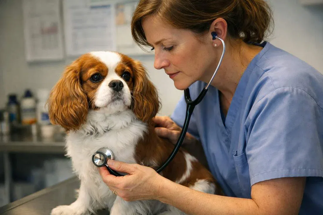 Cavalier King Charles Spaniel Having Heart Examined By Veterinarian