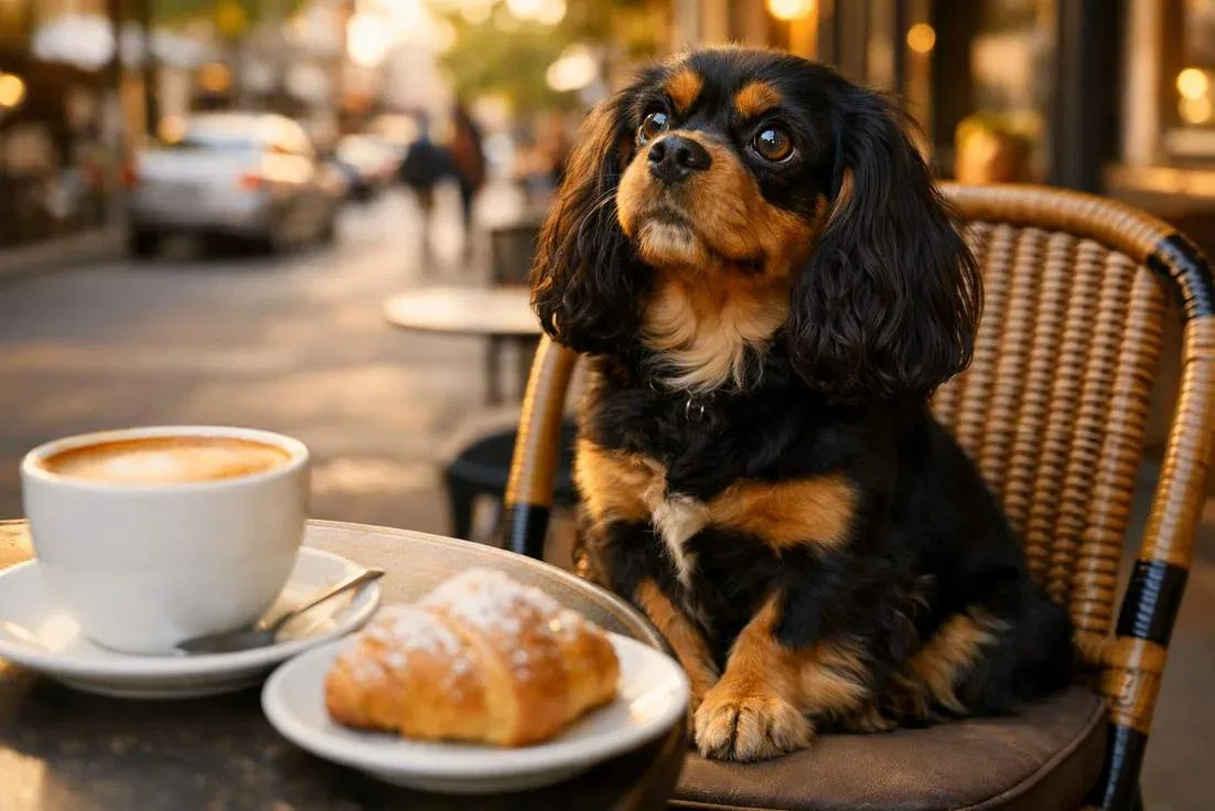 Cavalier King Charles Spaniel Sitting At Outdoor Cafy