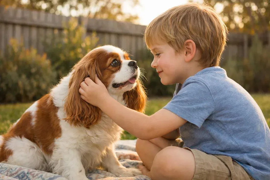 Cavalier King Charles Spaniel Sitting Gently With Young Child