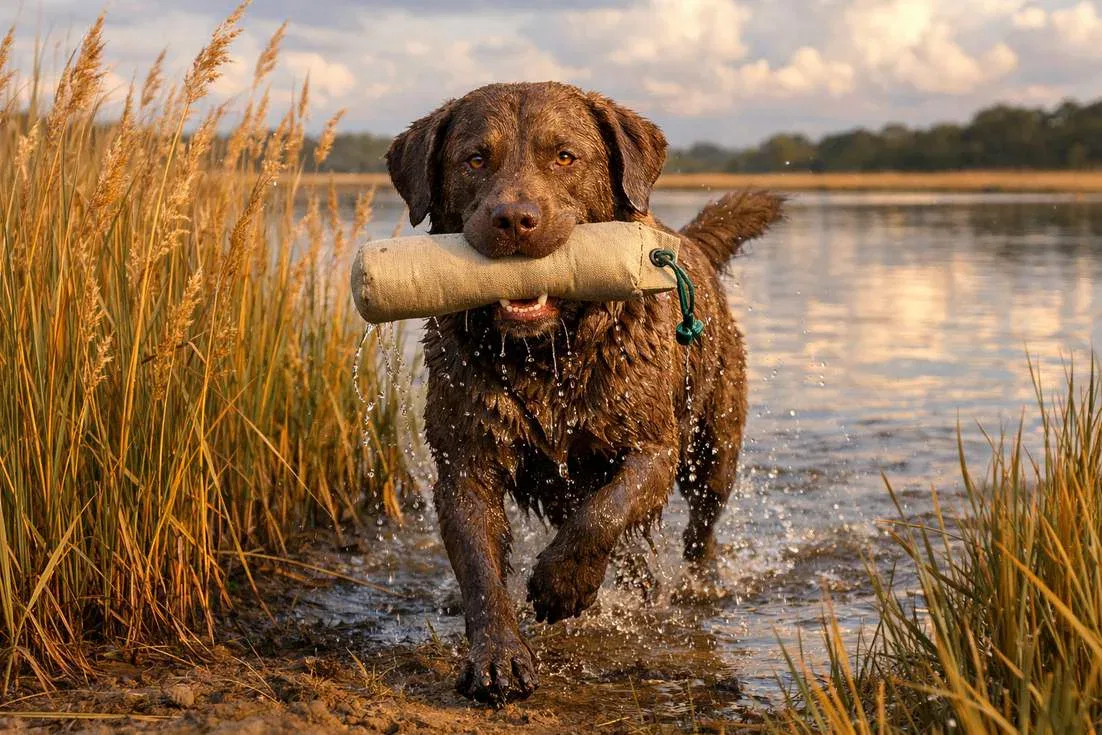 Chesapeake Bay Retriever Delivering A Retrieve Through Reeds