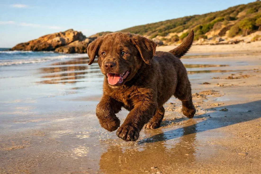 Chesapeake Bay Retriever Puppy Bounding Across Wet Sand
