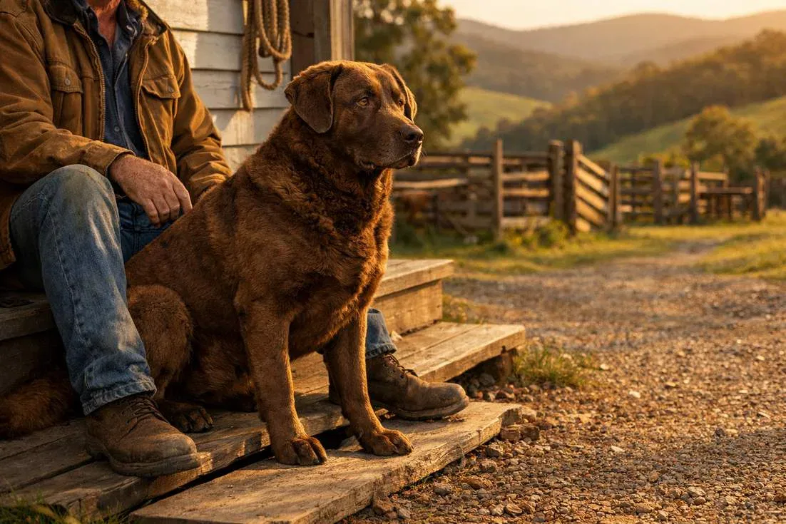 Chesapeake Bay Retriever Sitting Protectively Beside Owner