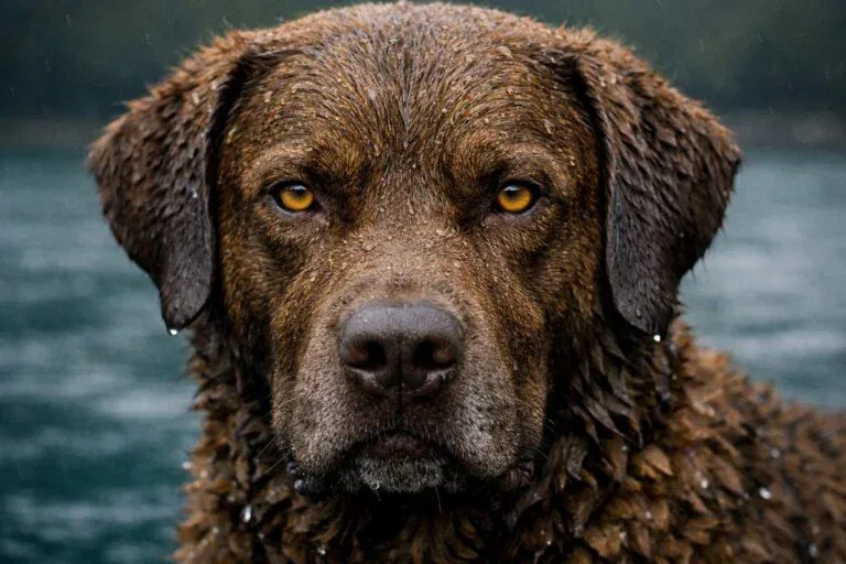 Close Up Of A Chesapeake Bay Retrievers Face Showing Amber Eyes Wavy Coat And Water Droplets
