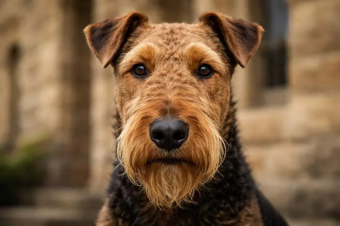 Close Up Of An Airedale Terriers Face Showing Wiry Beard