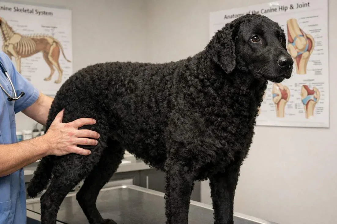 Curly Coated Retriever During Veterinary Hip Examination In Clinic Setting