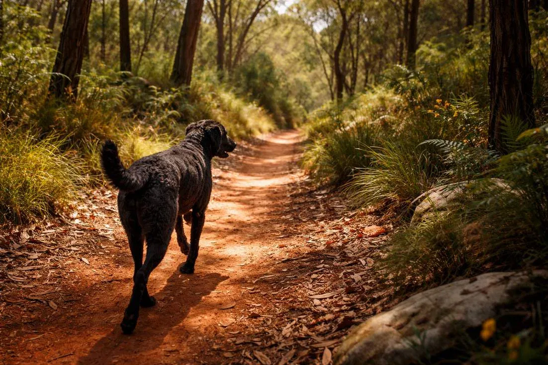 Curly Coated Retriever Exploring Bush Trail