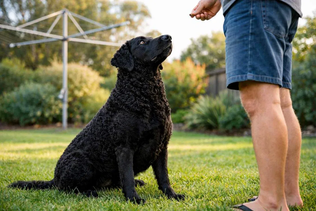 Curly Coated Retriever In Training Session Showing Focused Attentive Expression