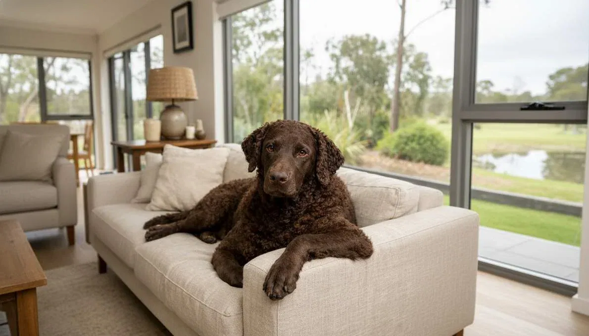 Curly Coated Retriever Relaxing On Couch In Modern Australian Living Room