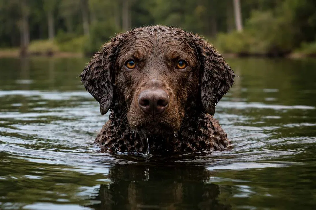 Curly Coated Retriever Swimming In Lake