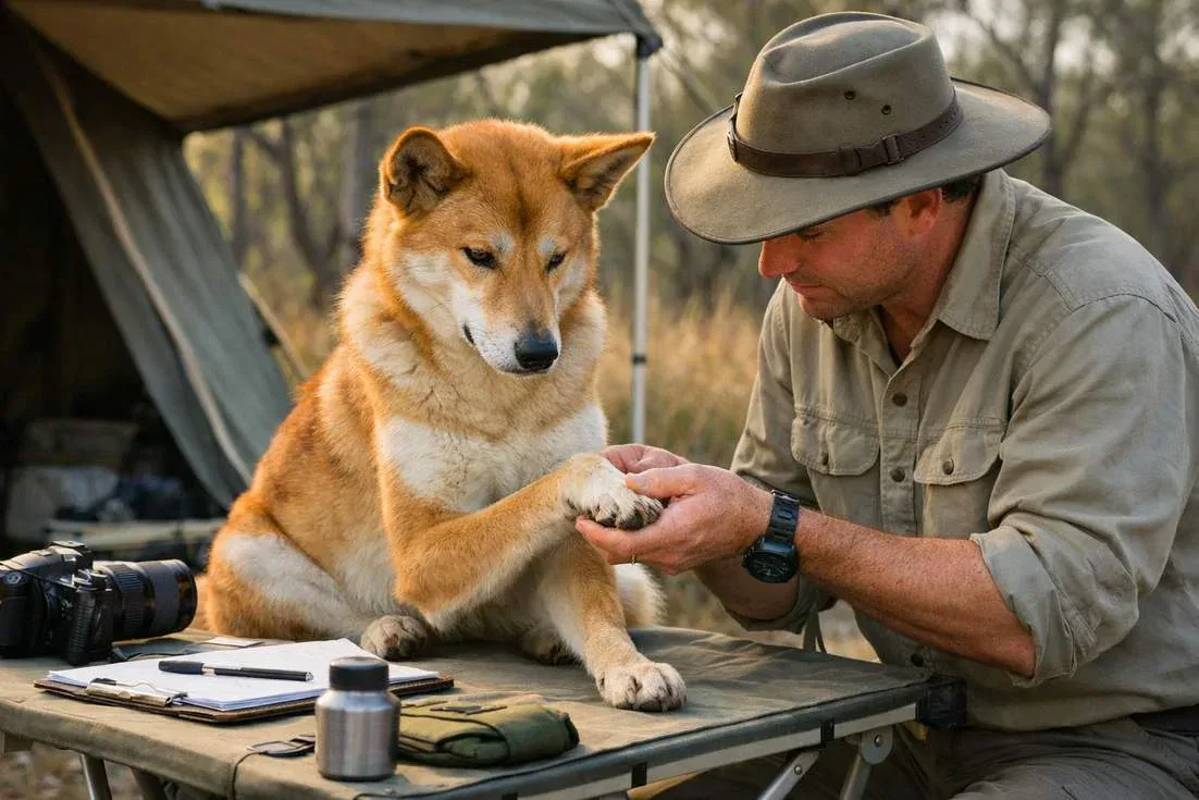Dingo Being Examined By A Wildlife Handler