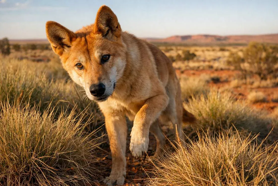 Dingo Showing Alert Curious Expression Among Spinifex Grass
