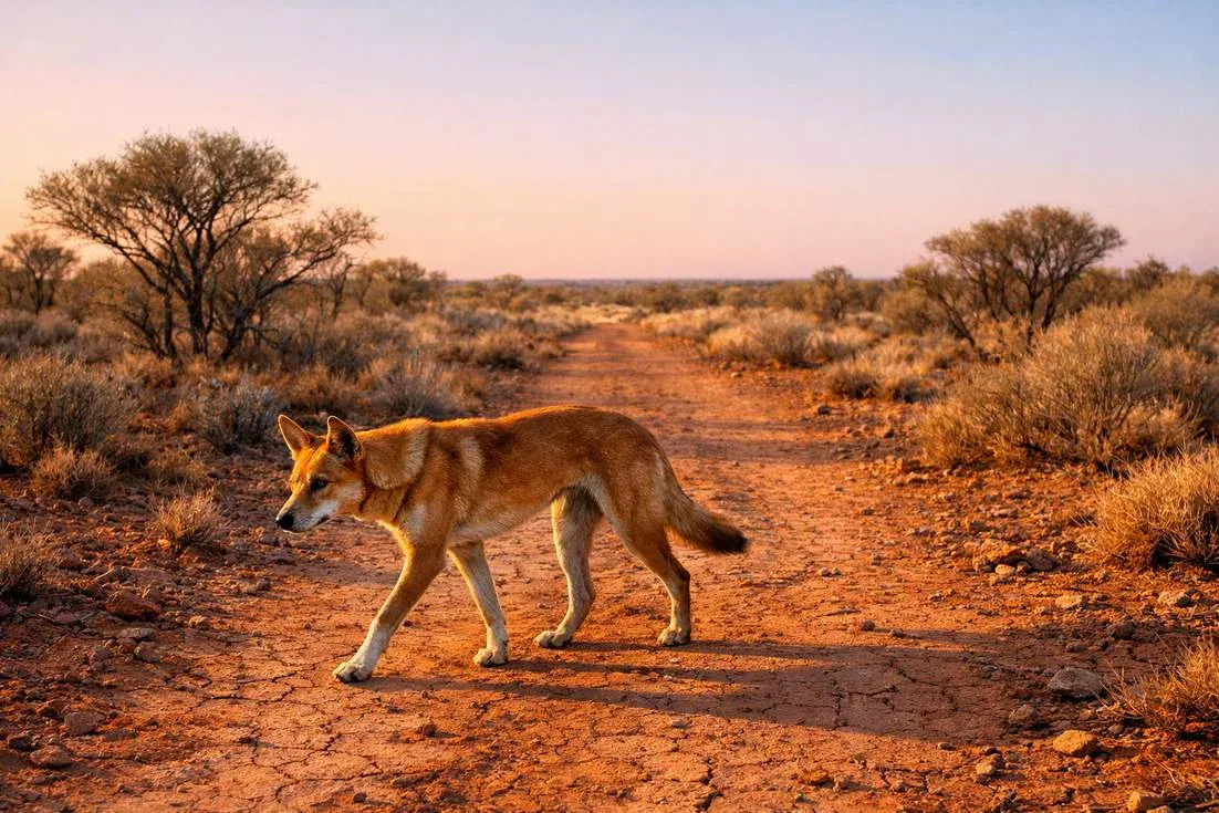 Dingo Walking Along A Red Earth Outback Trail