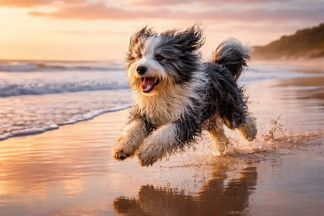 Earded Collie Running At Full Speed On Beach