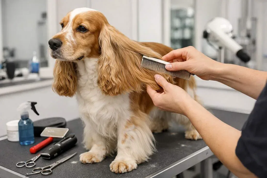 English Cocker Spaniel Being Groomed With Focus On Feathered Ear Coat