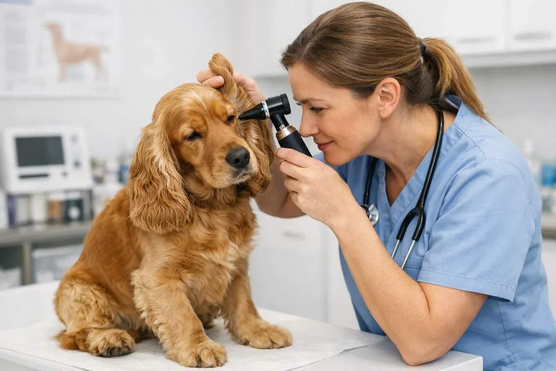 English Cocker Spaniel Having Its Ears Examined By A Veterinarian