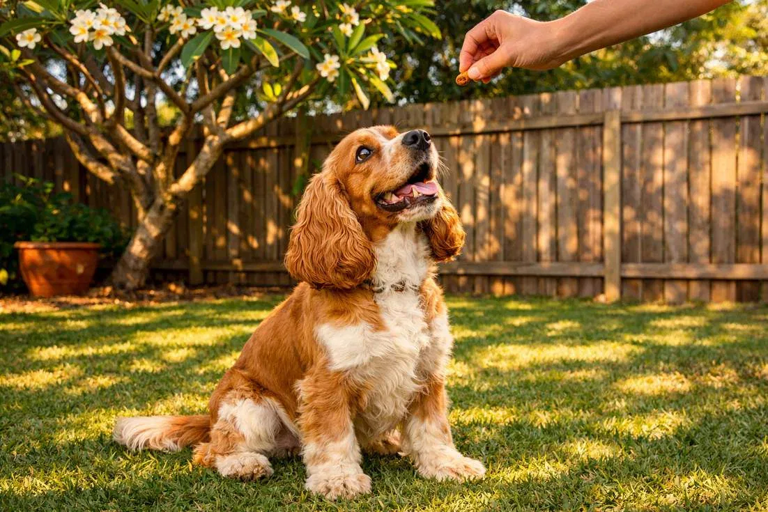 English Cocker Spaniel Receiving A Treat Reward During Backyard Training