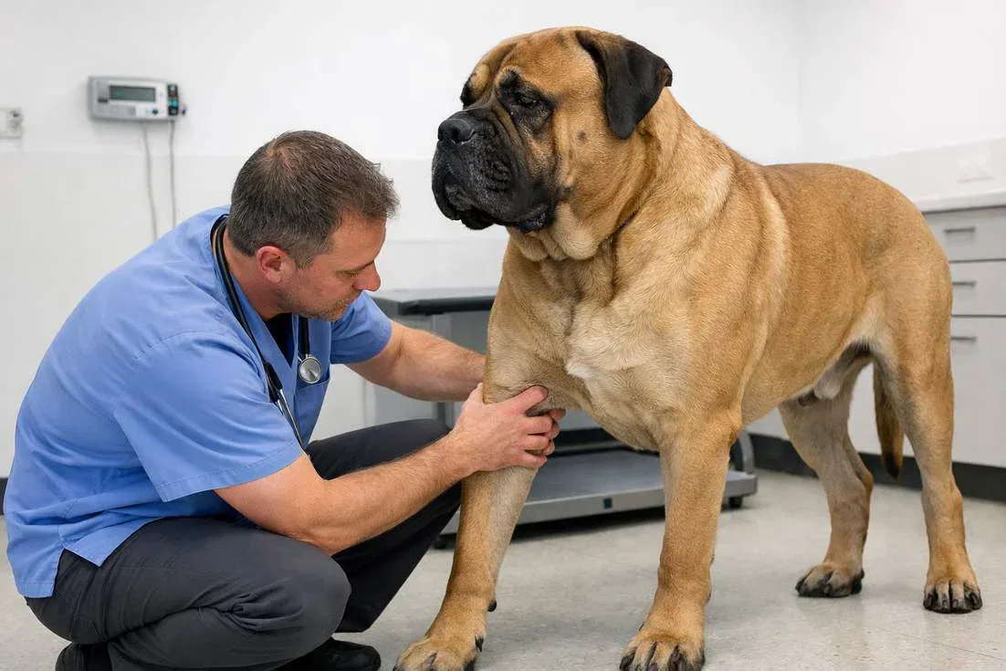 Fawn Bullmastiff Having Joint Examination At Veterinary Clinic