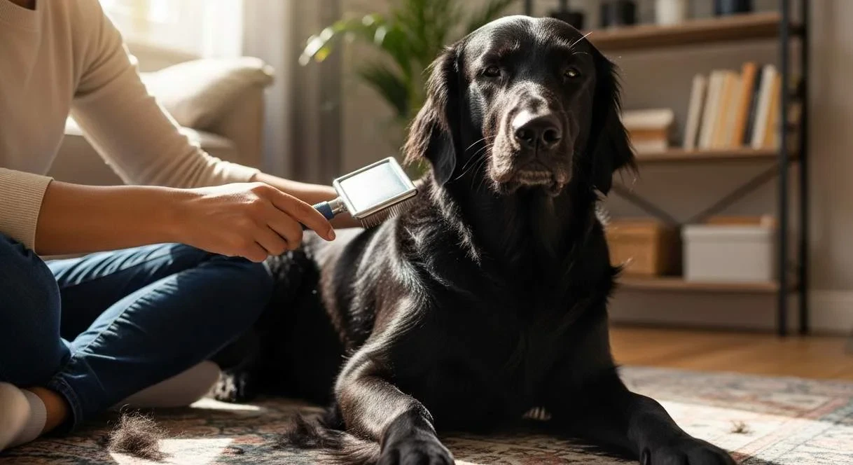 Flat Coated Retriever Dog Being Brushed By Owner
