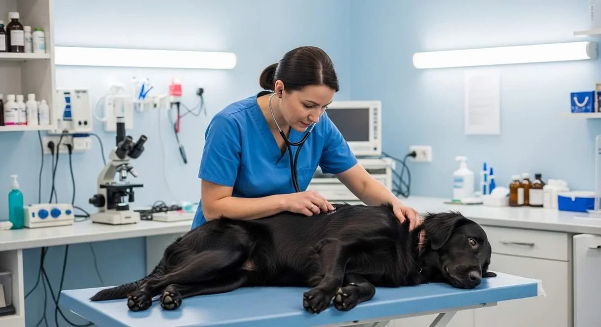 Flat Coated Retriever Dog Being Examined By Veterinarian