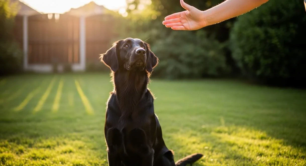 Flat Coated Retriever Dog In Sit Position Looking Up At Owner