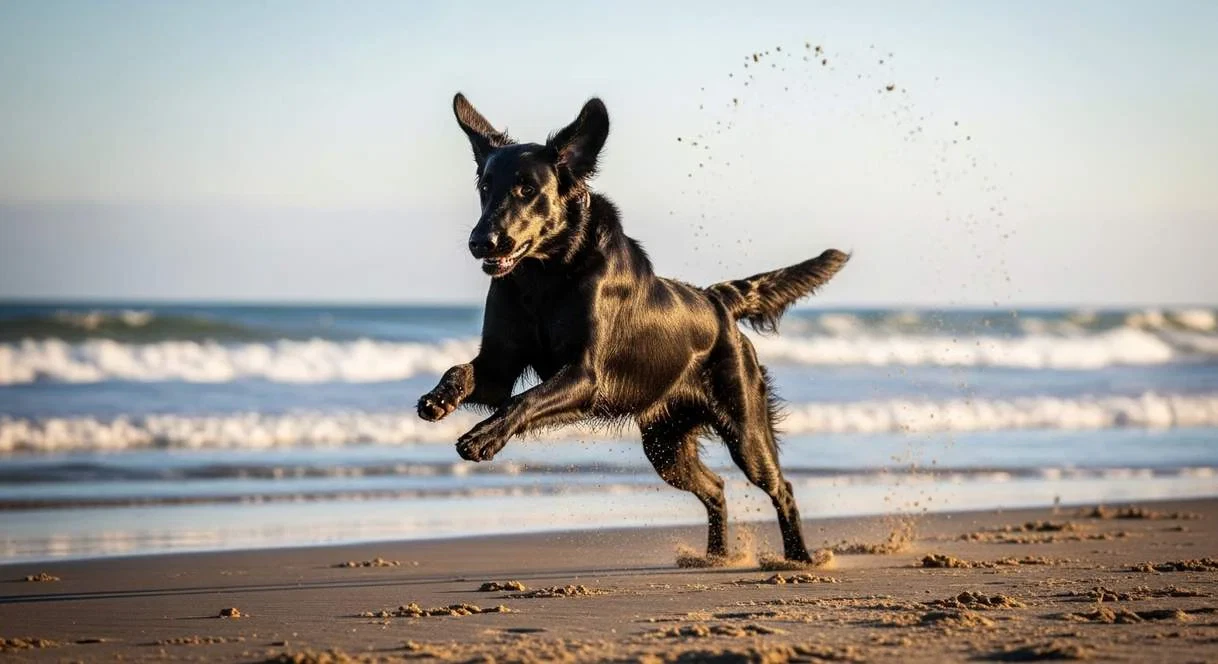 Flat Coated Retriever Dog Running At Full Speed On Beach