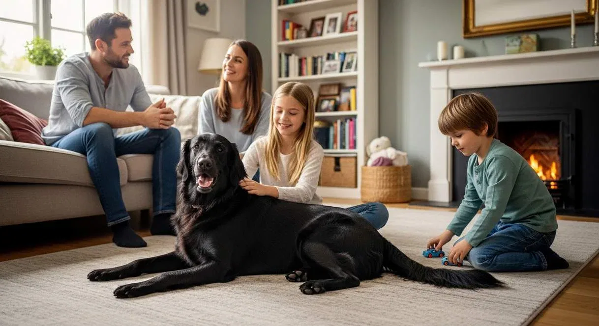 Flat Coated Retriever Dog With Family