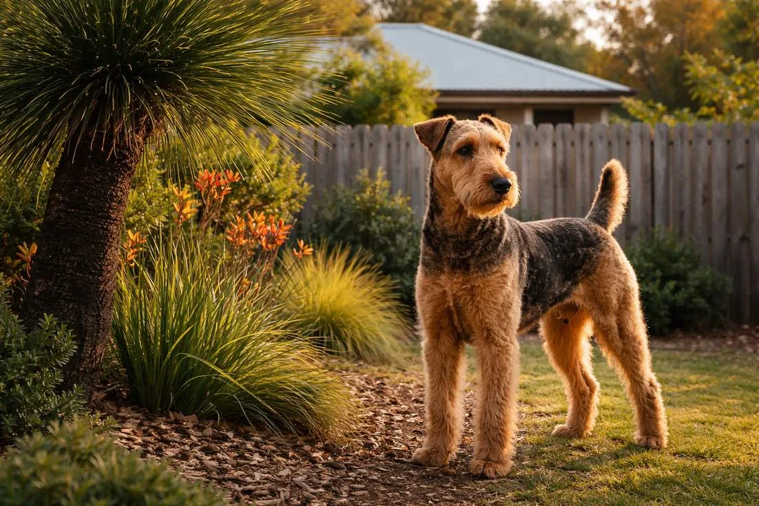 Iredale Terrier Standing Alert In A Spacious Australian Native Garden Backyard