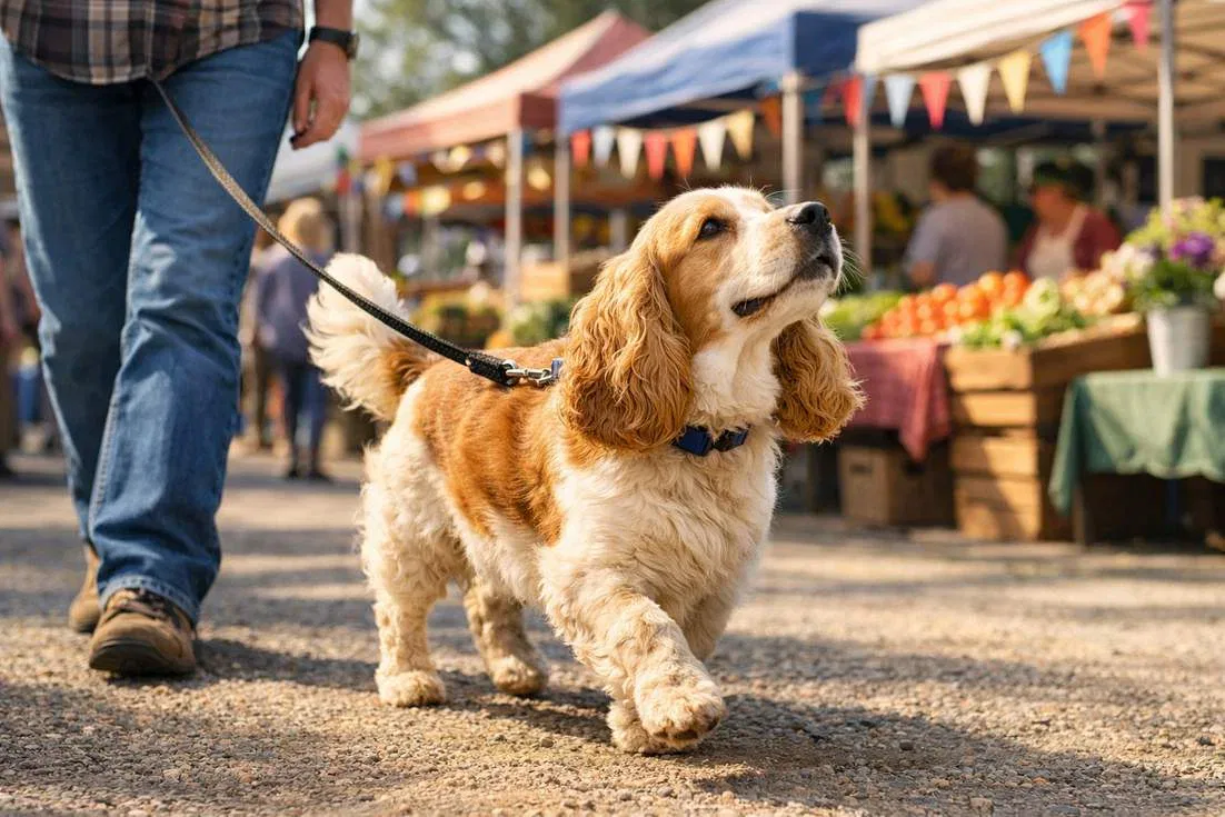 Nglish Cocker Spaniel Walking Through Farmers Market