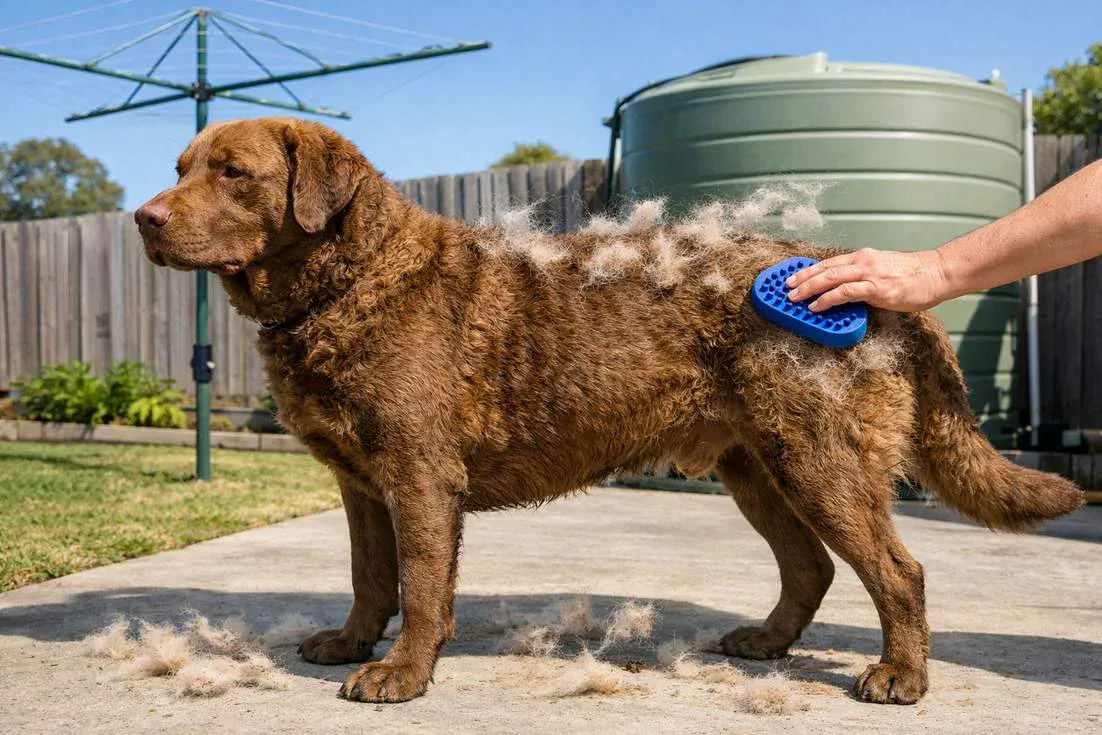 Owner Brushing A Chesapeake Bay Retrievers Thick Waterproof Coat