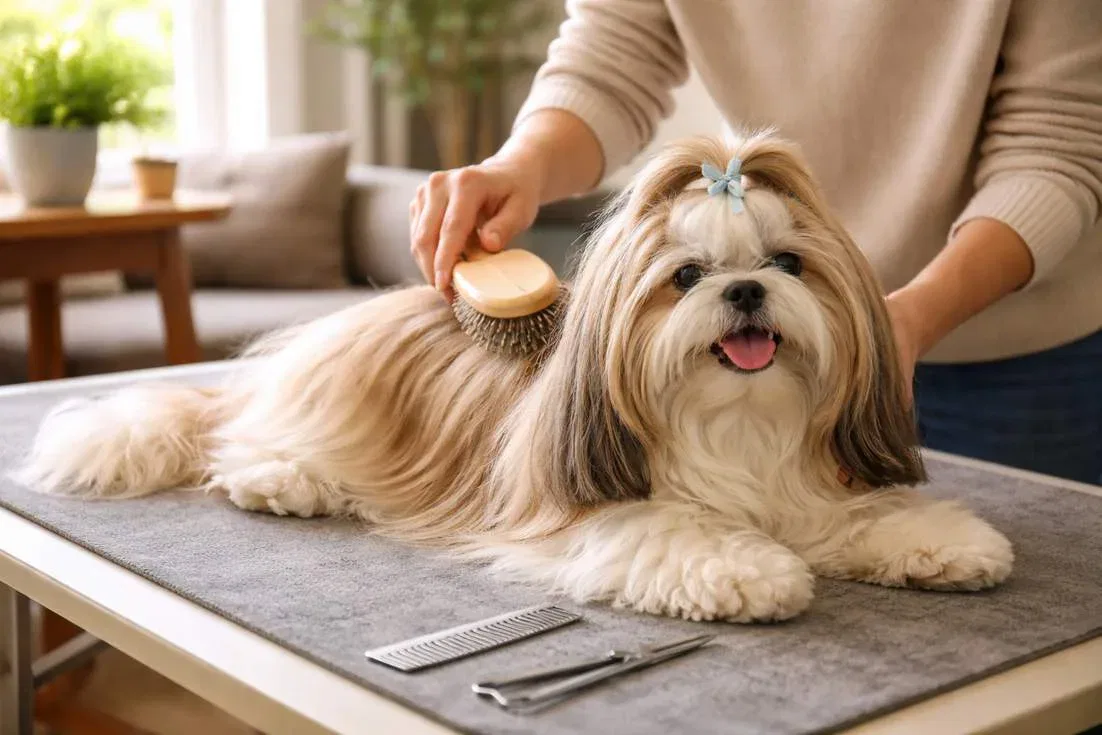 Owner Brushing Shih Tzu Long Silky Coat During Daily Grooming Session
