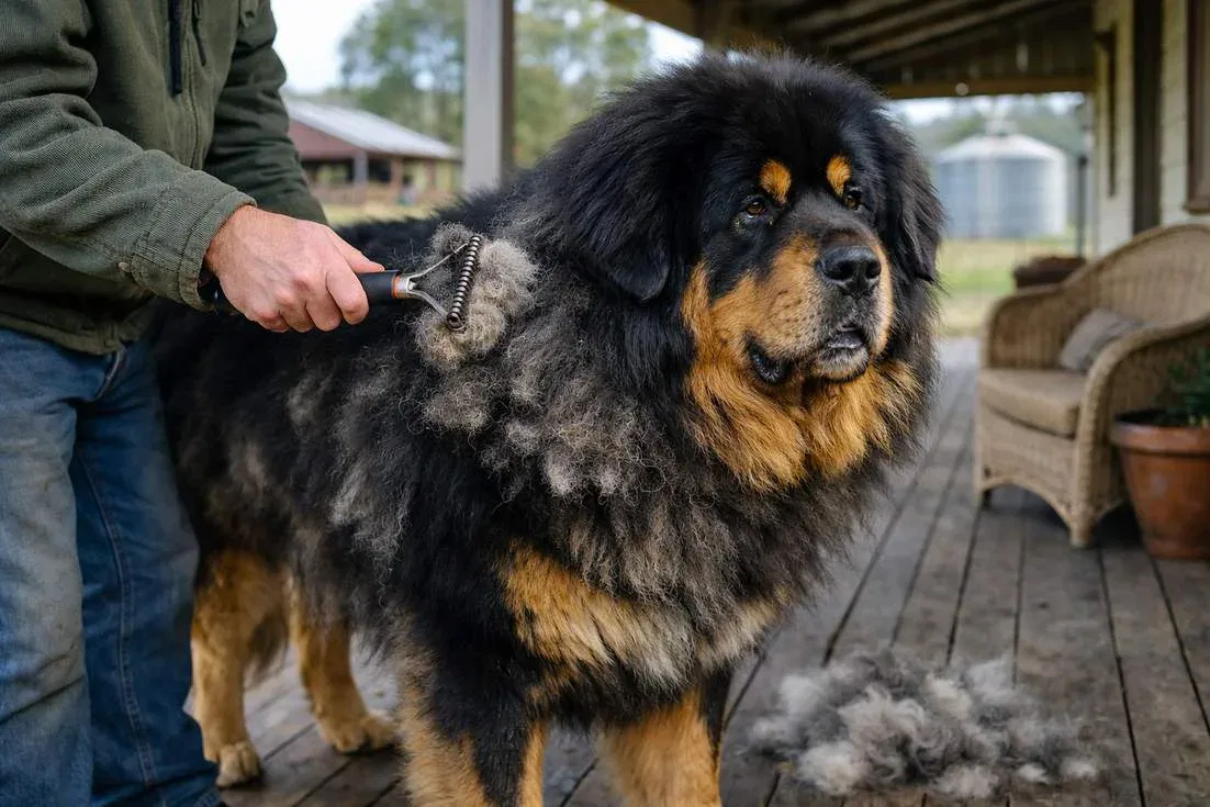 Owner Brushing Tibetan Mastiff Thick Double Coat During Regular Grooming Session