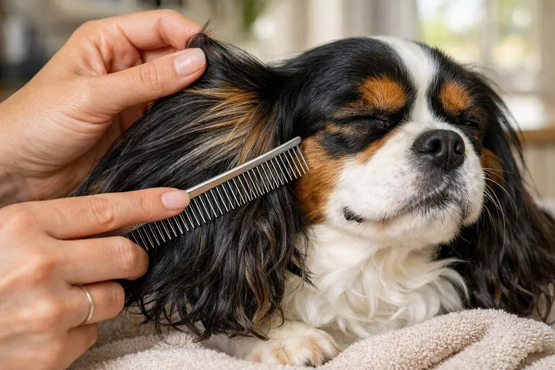 Owner Gently Combing Silky Feathered Ear Of Cavalier King Charles Spaniel During Grooming