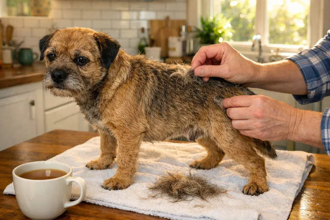 Owner Hand Stripping A Border Terriers Wiry Coat On A Kitchen Table