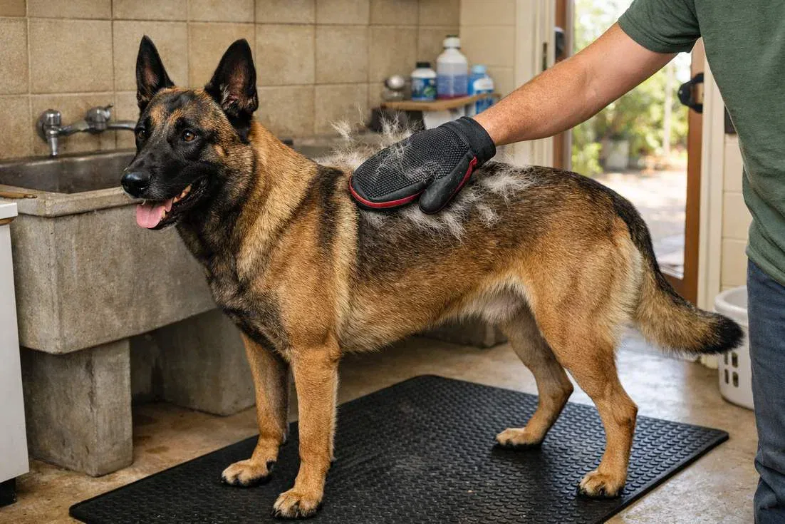 Owner Using A Grooming Mitt On A Belgian Malinois