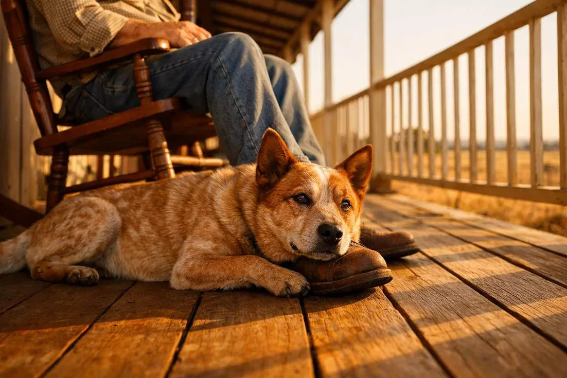 Red Australian Cattle Dog Resting Near Owner