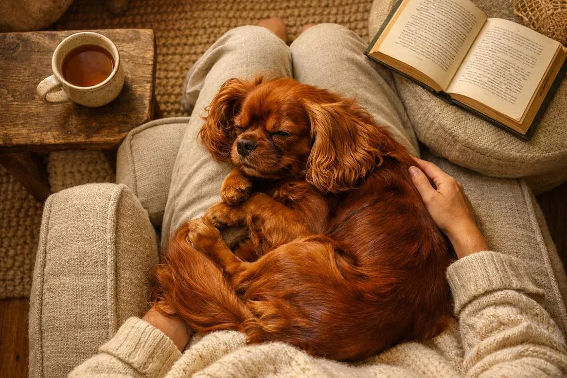 Ruby Cavalier King Charles Spaniel Curled In Owners Lap