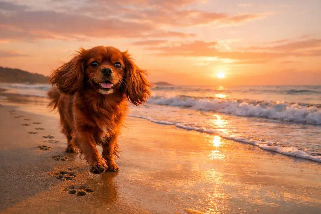 Ruby Cavalier King Charles Spaniel Trotting Along Beach
