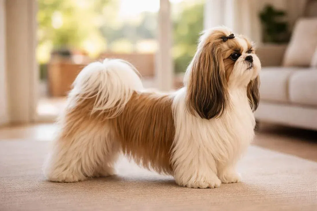 Shih Tzu Full Body Side Profile Showing Small Sturdy Build And Long Flowing Coat