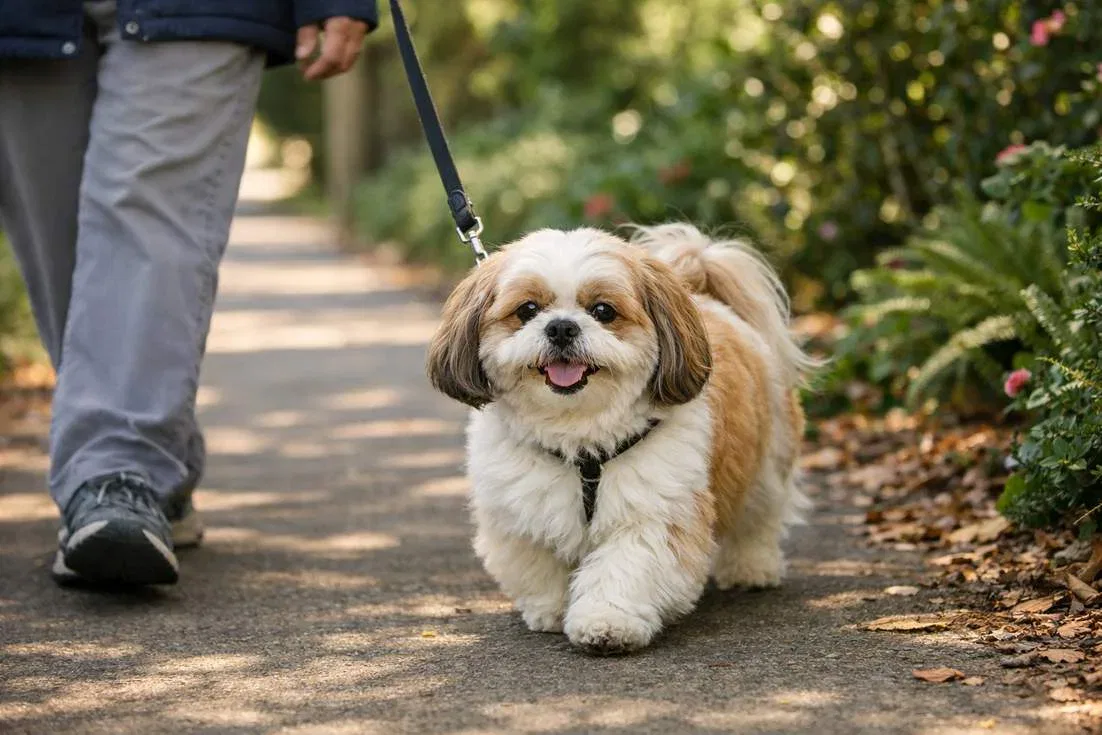 Shih Tzu On Gentle Morning Walk Showing Low Key Exercise Needs