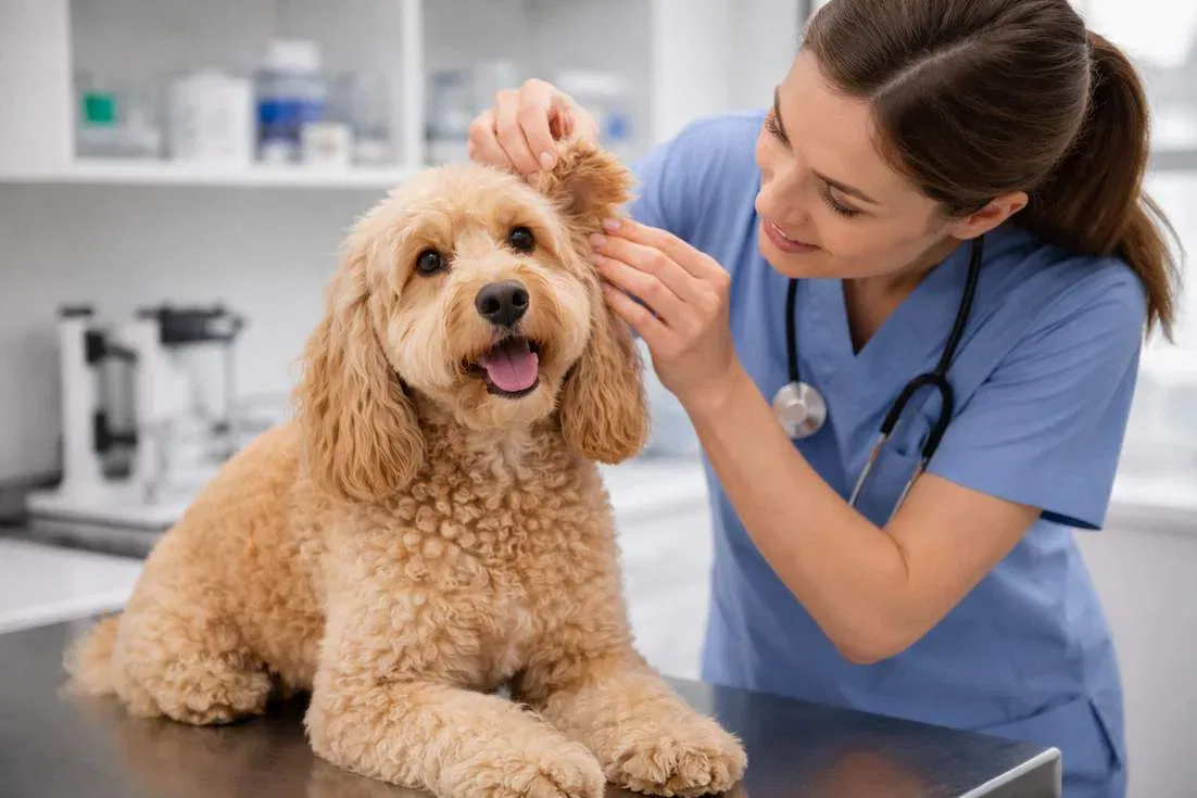 Spoodle Being Examined By Veterinarian During Routine Health Check
