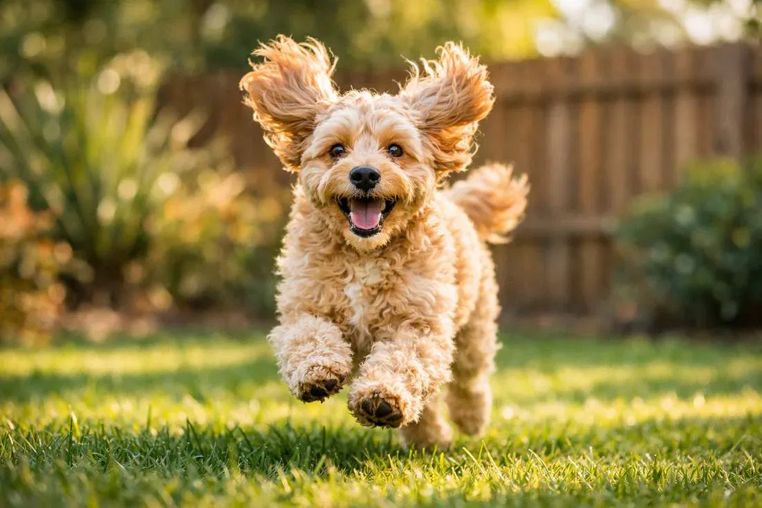 Spoodle Displaying Happy Playful Temperament During Backyard Play