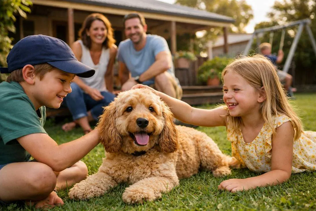 Spoodle Playing With Family Showing Ideal Family Friendly Nature