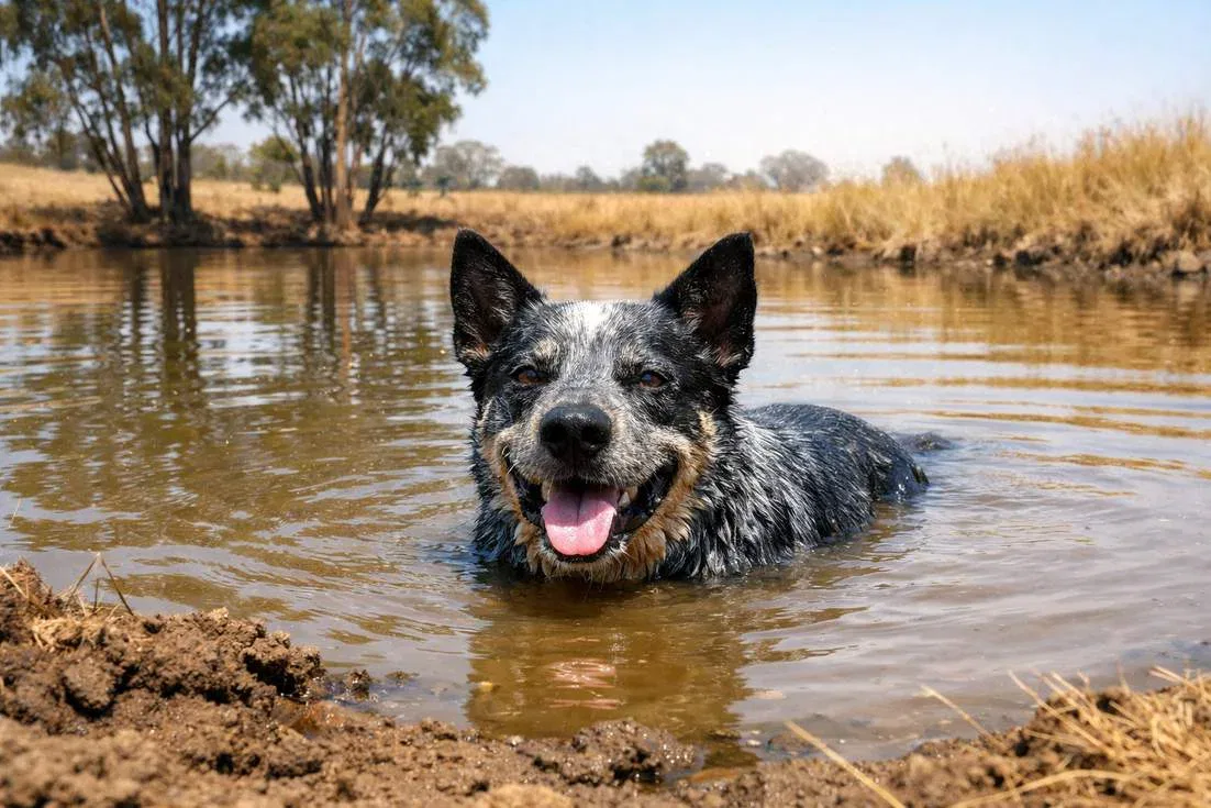 Stumpy Tail Cattle Dog Cooling Off In Farm Dam