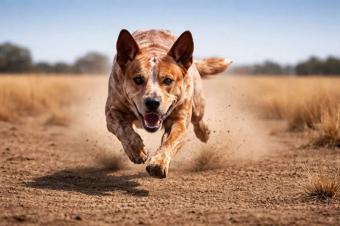 Stumpy Tail Cattle Dog Sprinting In Recall Across Dry Paddock