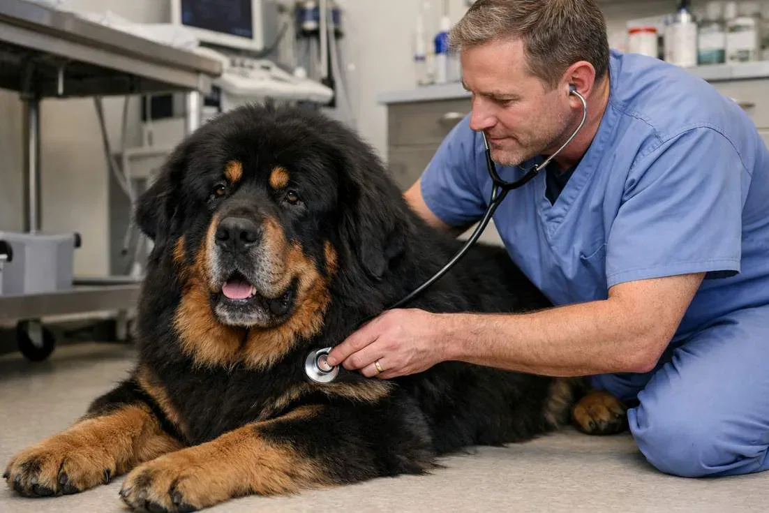 Tibetan Mastiff Being Examined By Veterinarian During Routine Health Check