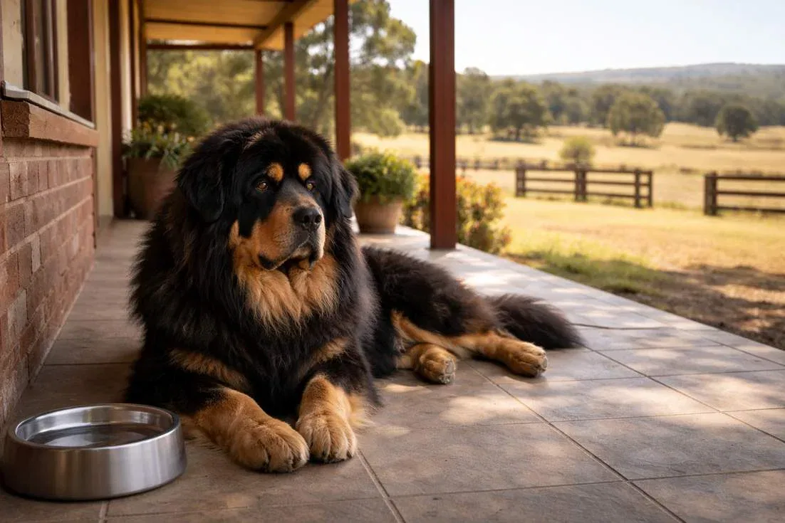 Tibetan Mastiff On Rural Property Verandah Showing Ideal Large Acreage Living Environment